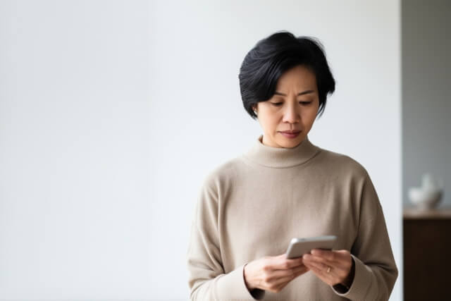 スマホを見て悩む年配の女性